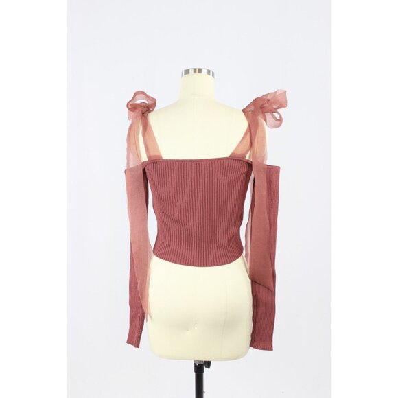 NWOT ZARA Rose Mauve Ribbed Knit Organza Tie Strap Cold Shoulder Top, Size S - Picture 3 of 13